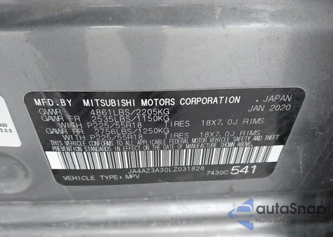 2020 Mitsubishi Outlander Sel 2.4 S-Awc из США, поврежденный, VIN JA4AZ3A30LZ031828